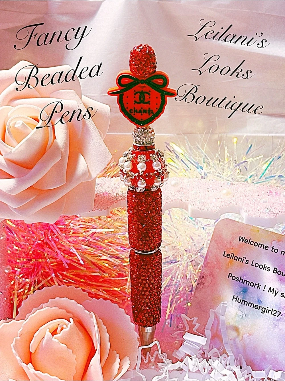 Red Beaded Heart Charm Ballpoint Pen/  Fancy beaded Pen/gifts